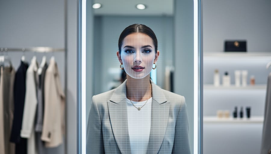 Shopper in a boutique fitting room facing a sleek smart mirror casting a soft scanning light over their face and torso, with blurred clothing racks and beauty shelves behind, lit in cool blue tones.