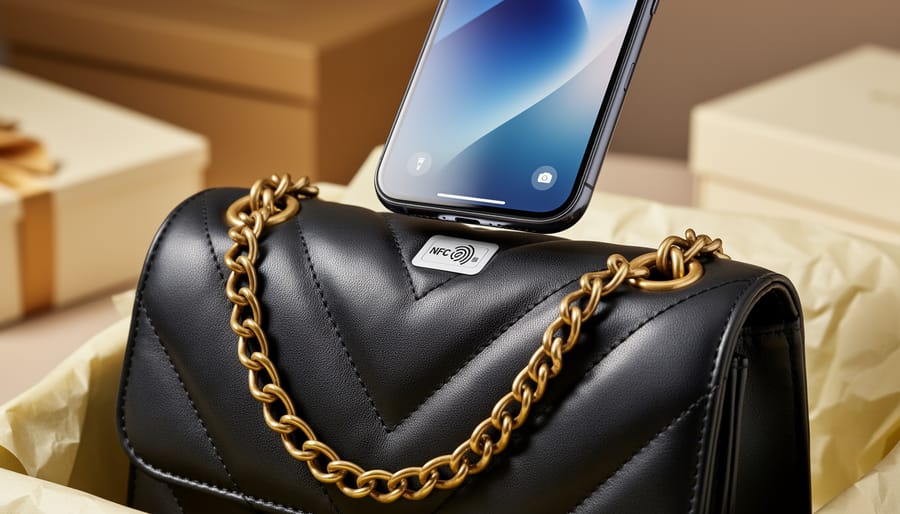 Close-up of a hand holding a smartphone over a quilted leather designer handbag, scanning a discreet NFC tag, with a gold chain strap and boutique packaging softly blurred in the background.