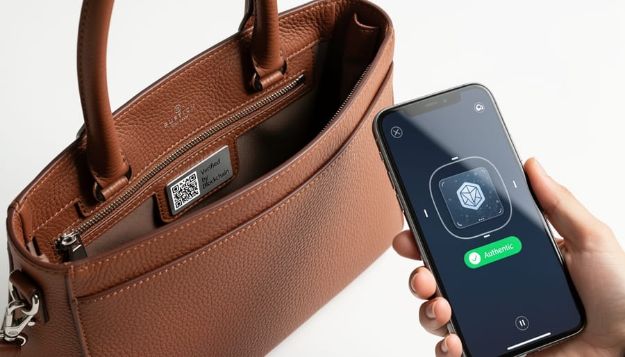 Close-up of designer handbag with embedded NFC authentication tag
