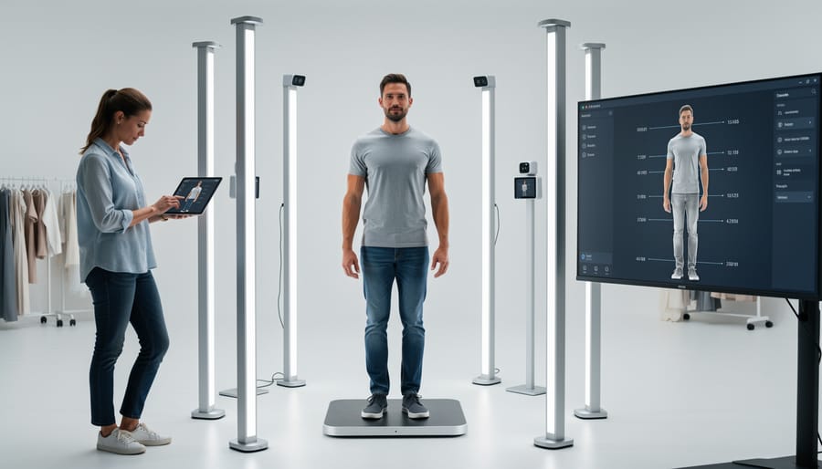 Woman standing in a modern 3D body scanning booth in retail setting
