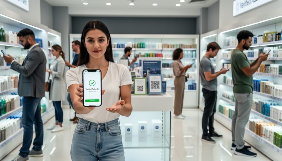Women shopping in luxury boutique using smartphones to verify product authenticity