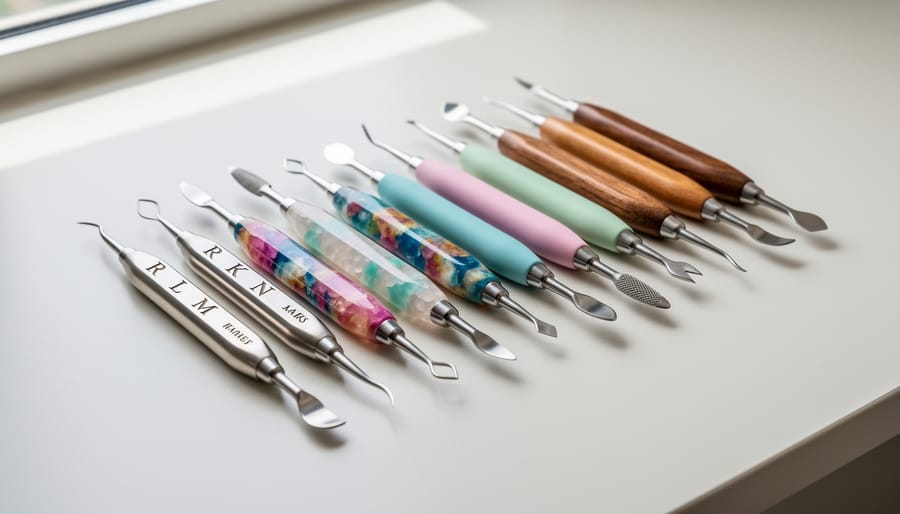 Close-up of handmade wooden cuticle pusher with decorative handle being used for nail care