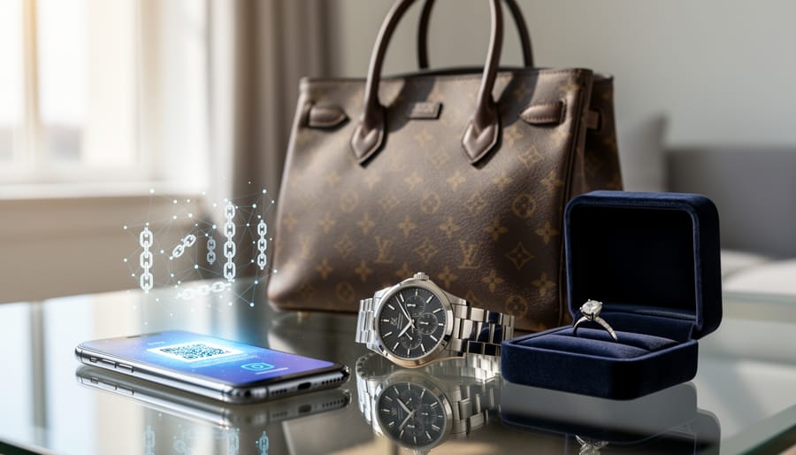 Smartphone displaying blockchain authentication certificate for luxury handbag