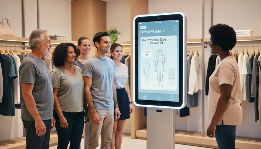 Diverse group of women confidently shopping with smartphones in modern fashion retail space