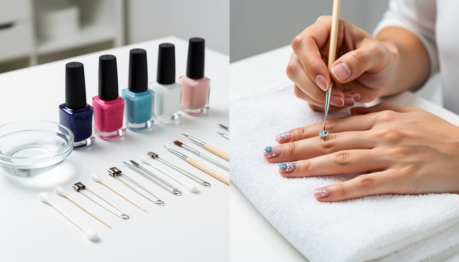Hands using homemade dotting tools to create detailed nail art designs