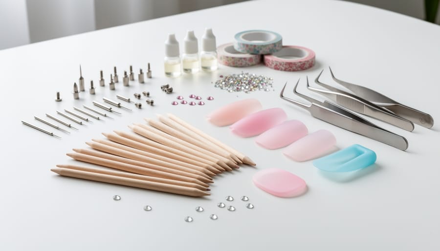 Overhead view of DIY nail tool materials including wooden sticks, silicone pieces, and craft supplies arranged on white surface