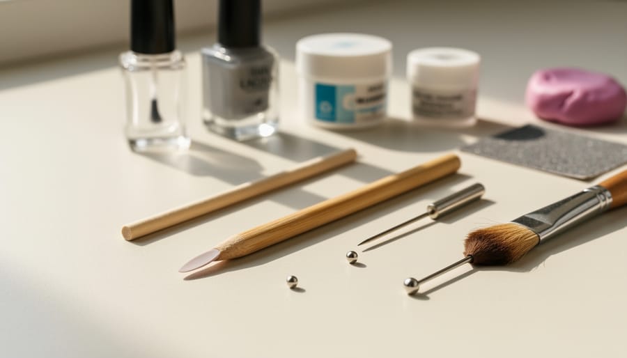 Handmade DIY nail tools—bamboo skewer cuticle pusher, dotting tools from ball-head pins in pen caps, wooden dowel, and repurposed makeup brush—neatly arranged on a pale desk with blurred nail polish, adhesive, sandpaper, and polymer clay in soft daylight.
