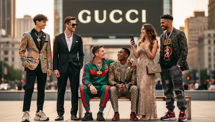 Group of young fashion influencers wearing Gucci accessories at contemporary fashion event
