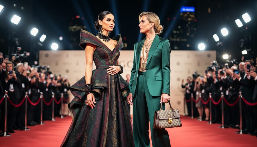 Two fashionable celebrities on a red carpet—one in a sculptural evening gown and one in a gender-fluid silk suit with bold accessories and a luxury handbag—photographed from a low angle amid spotlights and paparazzi flashes, with blurred velvet ropes and fans holding smartphones in the background.