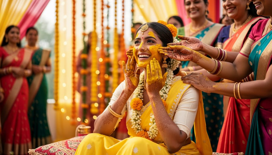 Bride's hands being decorated with golden turmeric paste during traditional haldi ceremony