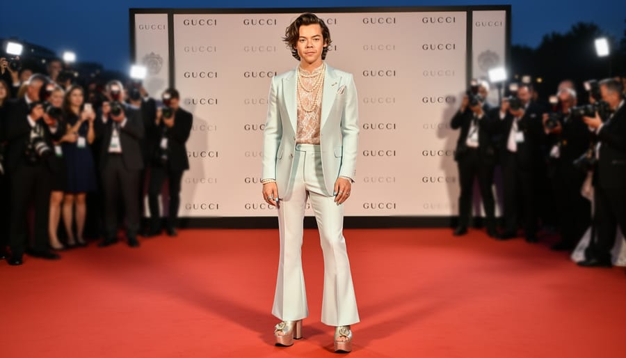 Harry Styles wearing elaborate Gucci floral suit on red carpet