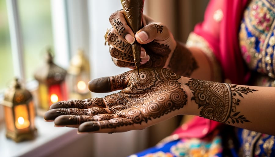 Detailed henna mehndi being applied to woman's hand in traditional decorative pattern