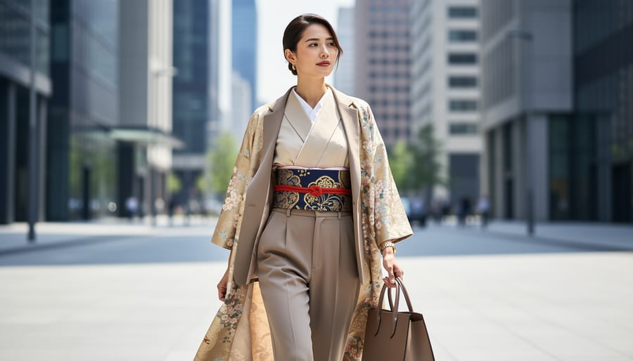 Woman wearing modern blazer styled with traditional Japanese kimono silk fabric blouse