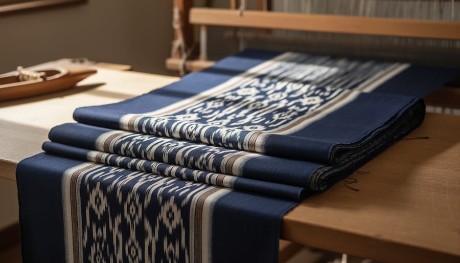 Close-up of indigo-dyed Japanese kasuri fabric showing geometric ikat patterns