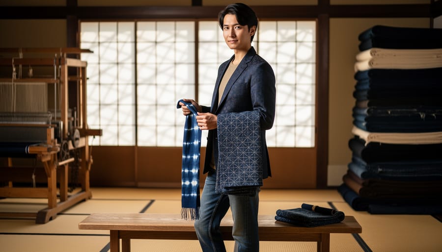 Model in a kimono-silk blazer over jeans holding an indigo shibori scarf, with a sashiko-stitched haori draped over their arm and an obi belt on a bench, softly lit by shoji-screen daylight; blurred loom, tatami mat, and folded fabric in the background.