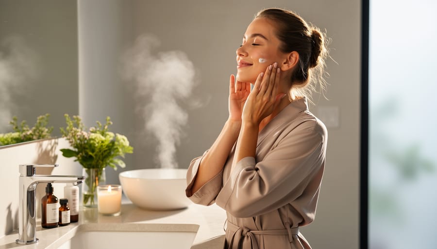 Woman practicing mindful skincare ritual with facial serum in peaceful bathroom setting
