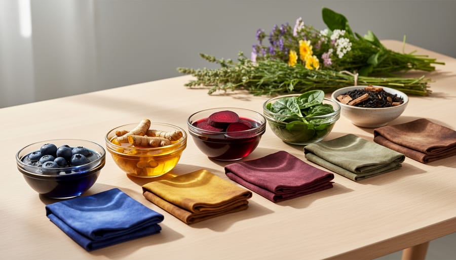 Artisan hands working with natural plant-based dyes in ceramic bowls on wooden workspace