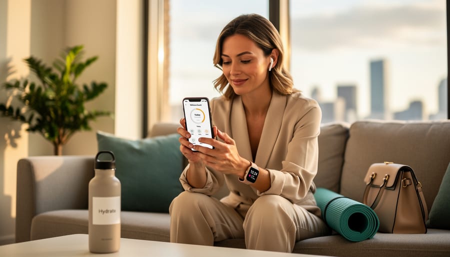 Stylish young woman on a sunlit sofa looking at her smartphone with a slight smile and earbud in; smartwatch and water bottle on the coffee table, rolled yoga mat beside her, with blurred plants and city windows in the background.