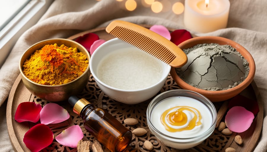Overhead flat lay featuring rice water in a porcelain bowl with a wooden comb, turmeric ubtan in a brass bowl with marigold petals, rhassoul clay in a terracotta dish, argan oil dropper, and a bowl of milk with honey, accented by rose petals and sandalwood on a carved wooden tray over linen under soft window light.