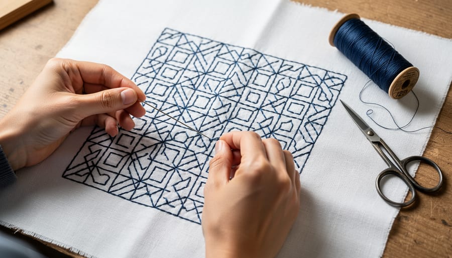Close-up of hands performing traditional Japanese sashiko embroidery on indigo cotton fabric