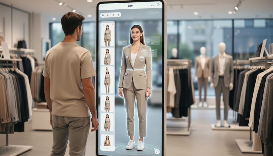 Woman using smart mirror technology for virtual clothing try-on in fashion boutique