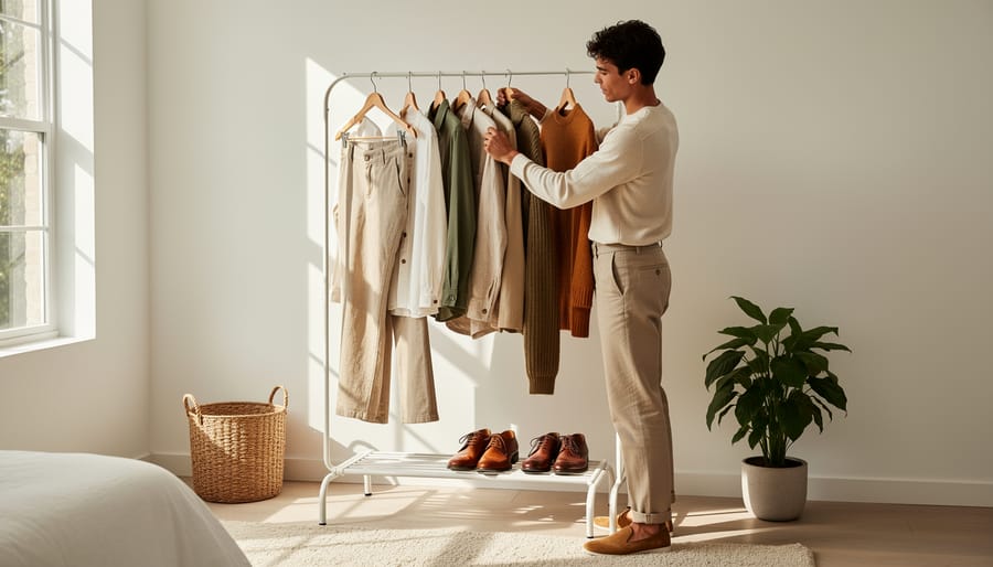 Curated sustainable wardrobe with handcrafted garments on wooden rack and folded on table