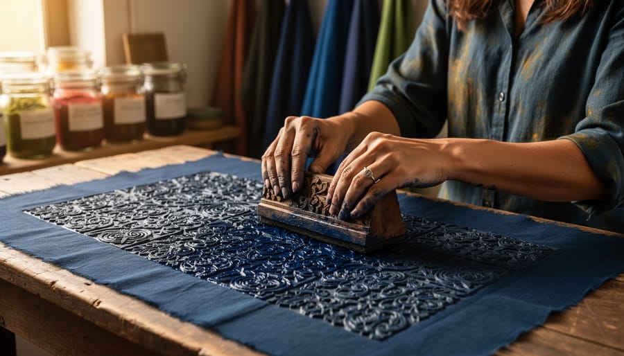 Close-up of a woman artisan’s hands pressing a carved wooden block into indigo-dyed cotton on a wooden worktable, with jars of natural dyes and hanging textiles softly blurred in the background under warm side lighting.
