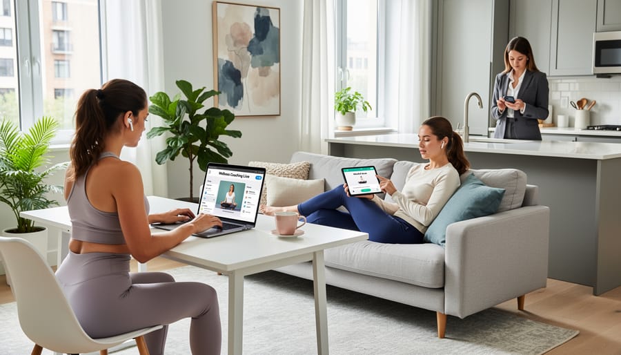 Woman in athleisure using smartphone for virtual wellness coaching at home