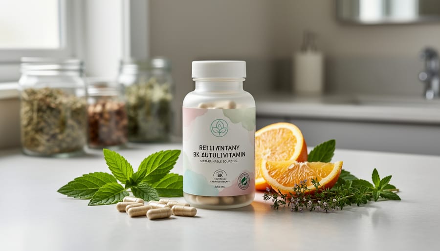 Clean beauty vitamin bottles arranged with fresh herbs on marble surface