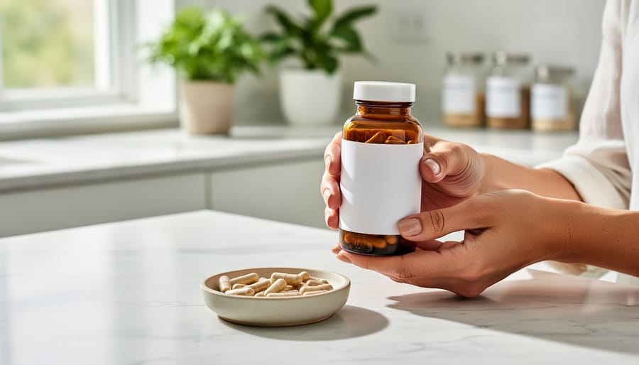 Close-up of a woman’s hands holding an unbranded amber glass multivitamin bottle and a dish of natural capsules on a marble counter, surrounded by spinach leaves, citrus slices, and berries, with a softly blurred bright kitchen and plants in the background.