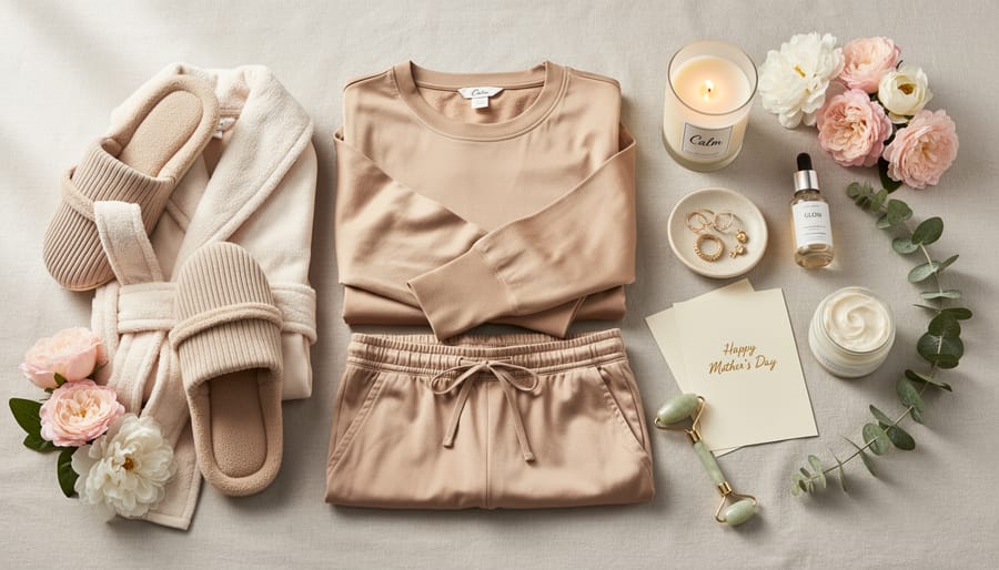 Flat-lay of a matching loungewear set with a silky robe and skincare items on a bed.