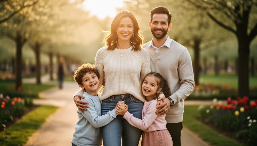 A stylish mom standing among family members for a Mother’s Day photo outdoors in golden hour sunlight.