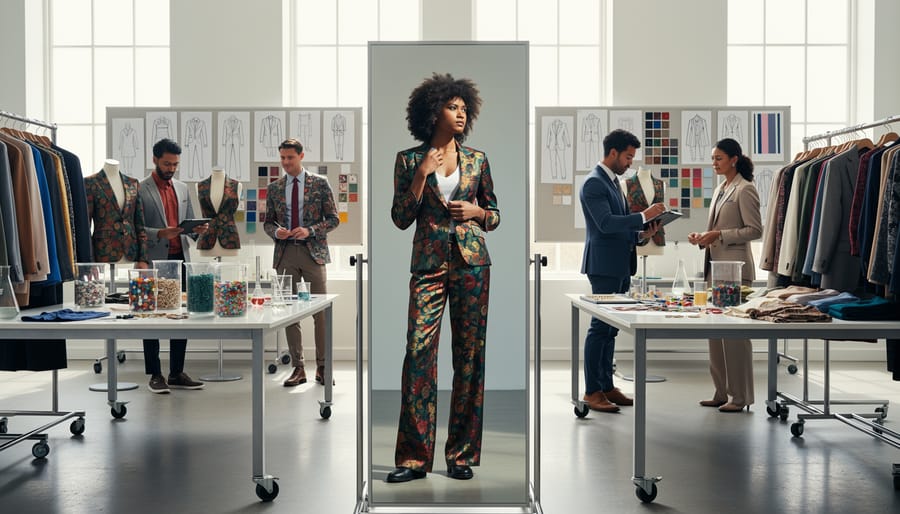 Overhead view of diverse clothing styles and fabrics arranged on wooden surface representing fashion experimentation