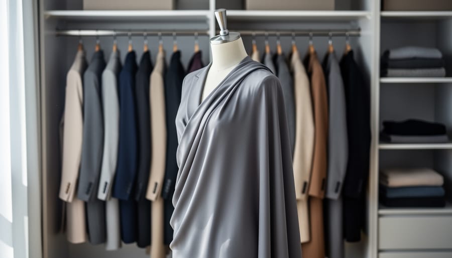 A modern open wardrobe with neatly hung designer-style garments and a draped outfit on a mannequin, lit by soft daylight to suggest rotating fashion access.