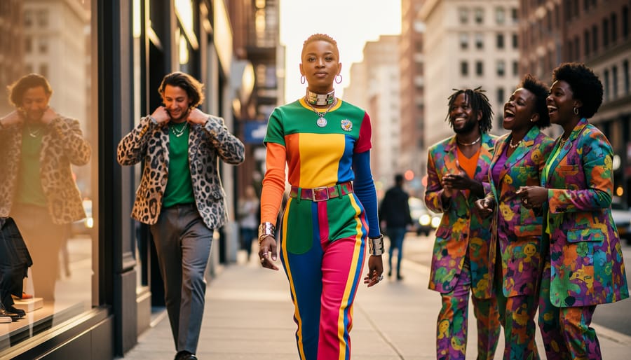 Confident woman in bold unconventional fashion standing on urban street