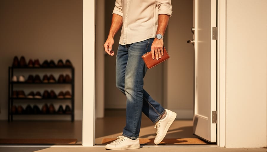A well-dressed father figure in a button-down and vintage denim holding a leather wallet with a watch, photographed in soft natural daylight near a home entrance.