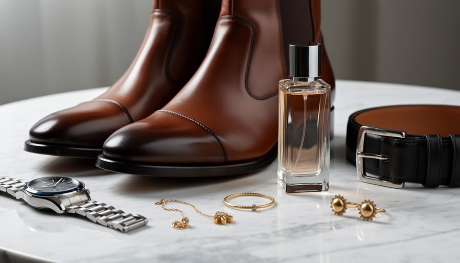 Flat-lay of leather boots, a fragrance bottle, a watch, and a leather belt on a wooden bench.