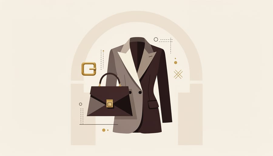 Luxury fashion still life with a silk scarf, leather shoes, and a structured handbag on dark stone