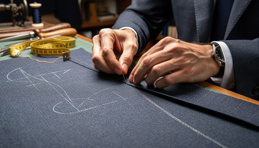 Hands pinning and smoothing fine fabric on a tailoring form in a luxury atelier workshop