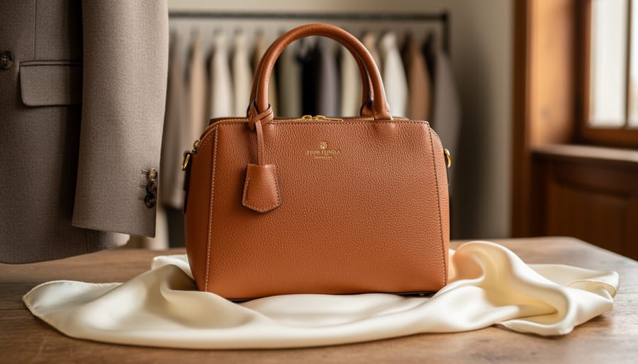 Close-up of an Italian leather handbag and tailored blazer detail resting on a silk scarf with visible fine stitching in a softly lit atelier background.