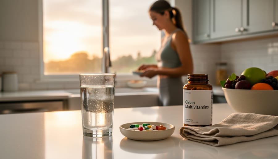 Overhead view of morning wellness routine with vitamins and healthy breakfast