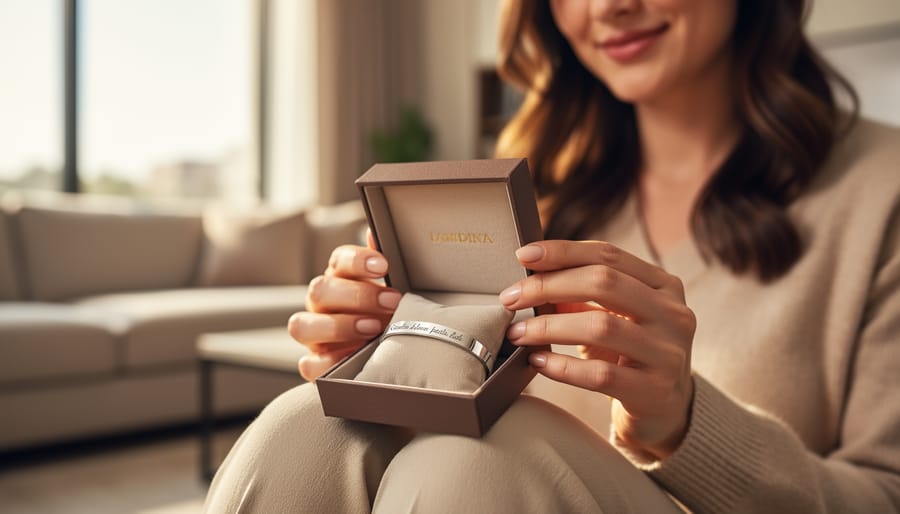 Mother admiring an engraved bracelet while holding a personalized jewelry gift box