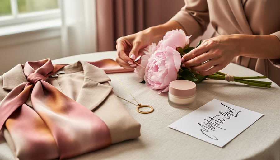 Close-up flat lay of a stylish mother’s Mother’s Day gift set featuring a blazer, silk scarf, gold jewelry, skincare, and pink peonies on a linen table.