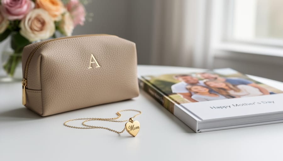 Close-up of an engraved heart necklace, monogrammed cosmetic case, and a personalized photo book arranged on a table with soft natural daylight in the background.
