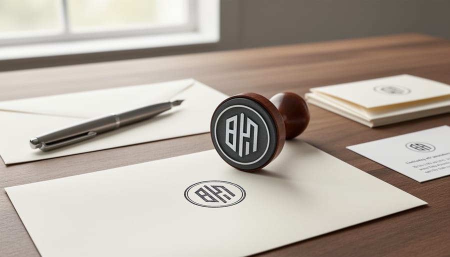 Personalized rubber stamp next to handwritten letter paper and envelopes on a desk