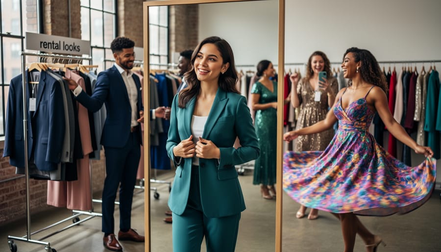 Women at an evening event styling rented blazers, dresses, and accessories on a side table.