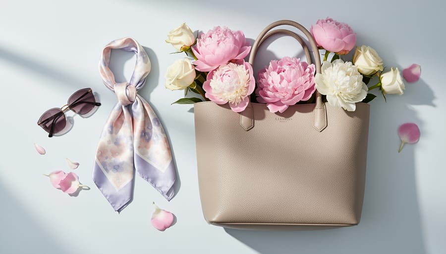 Sunglasses, a silk scarf, and an everyday tote arranged on a wooden table with fresh flowers nearby.