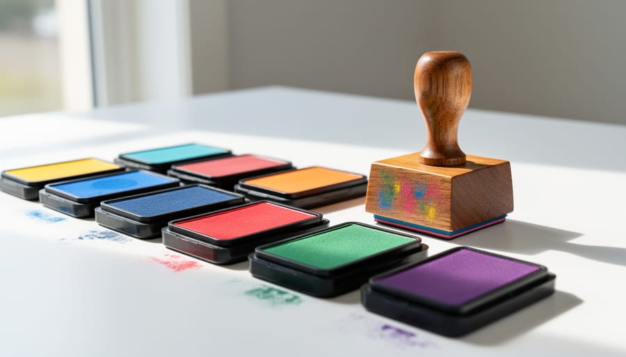 Ink pads in different colors with a personalized stamp block on a tabletop