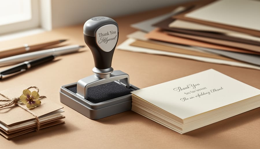 A personalized self-inking stamp on a desk beside cream wedding thank-you cards and a small craft project with a blurred office background.