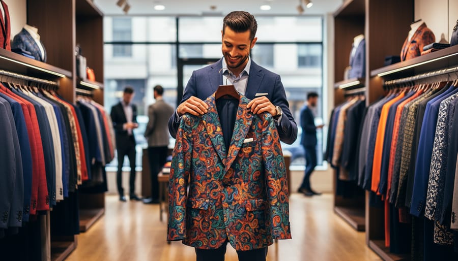 A man holding a statement jacket in a menswear boutique while browsing tailored clothing.